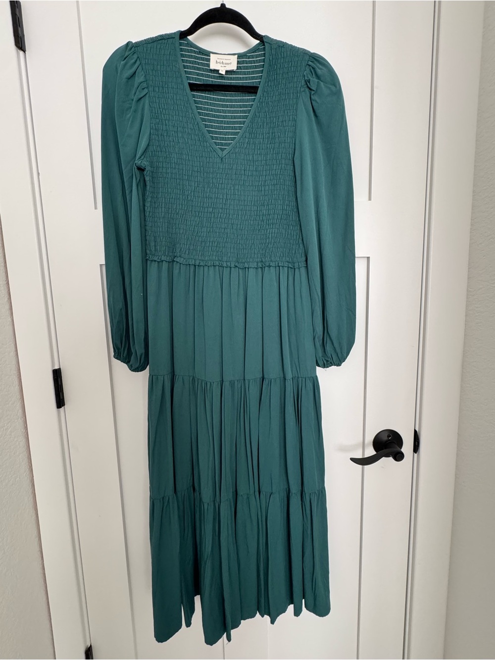 BOHME Teal Long Sleeve Smocked V-Neck Maxi Dress
